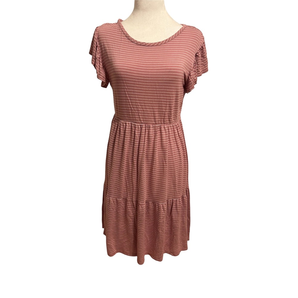 Summer Medium Pink Stripe Tiered Day Dress short stretch‎ lightweight vacation